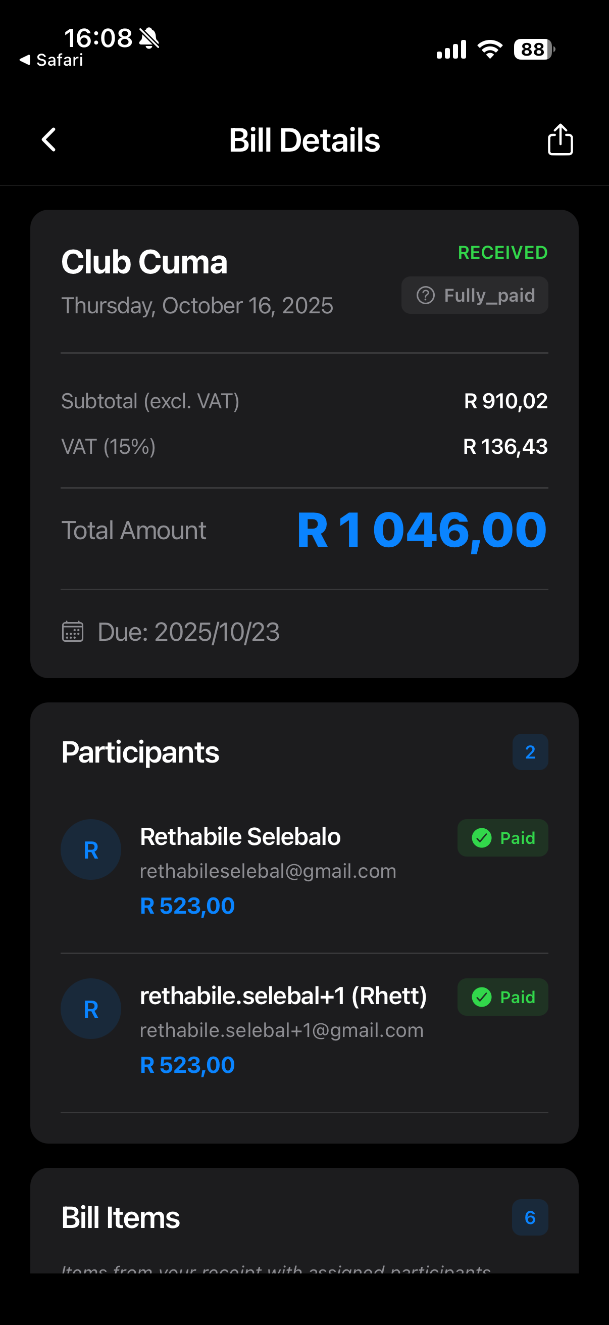 Bill Details with Payment Tracking